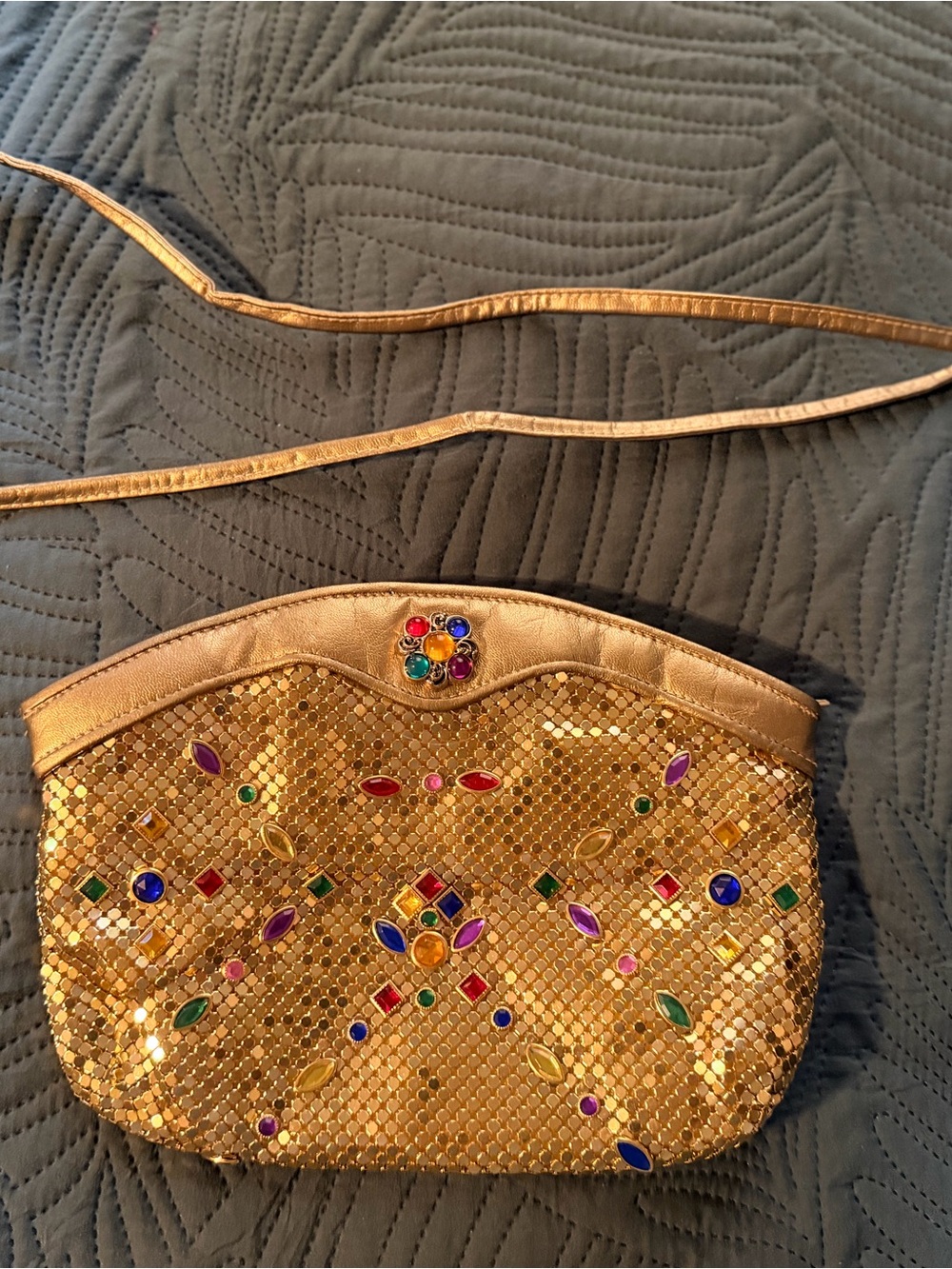 Gold Sequin Crossbody Bag with Multicolor Gem Accents